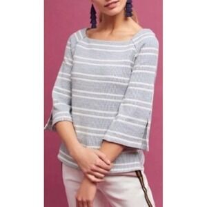 Anthropologie Postmark‎ Top Blue White Striped Square Neck 3/4 Sleeve XL